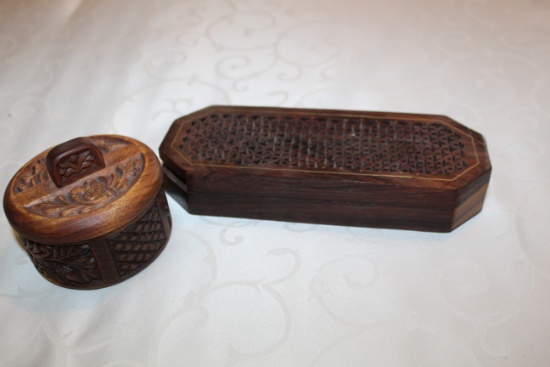 Two Hand Carved Wooden Boxes, One Round (3.25" Diameter By 2.75" Tall & One