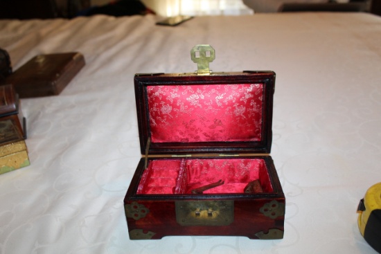 Wooden Box With Brass & Unidentified Stone Inlay, Brass Hardware & Lock, Po