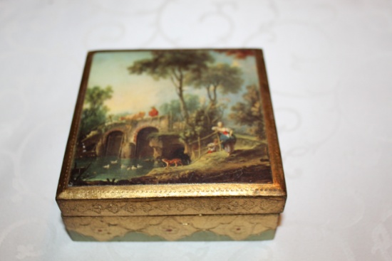Italian Custom Painted Wooden Box, 4,25" L X 4.5" W X 1.25" H