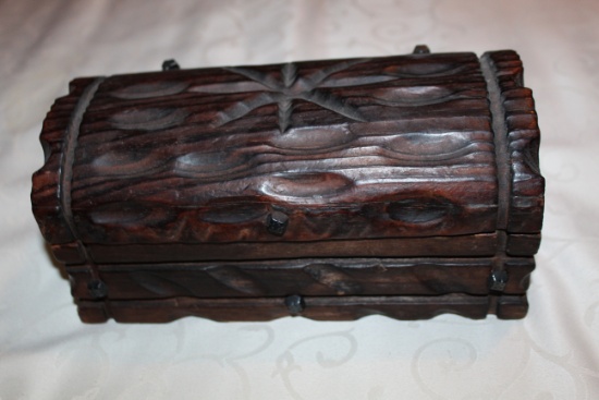 Decorative Carved Wooden Box With Rounded Top, 9" L X 4.5" W X 4.25" H
