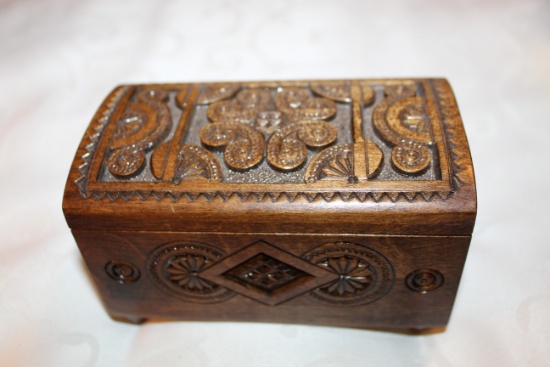 Decorative Ornate Wooden Box, Carved Hinged Top, 5" L X 2.75" W X 3" H