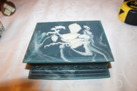 Cultured Marble Box With Hinged Lid, Turquoise Color, 6.5" L X 5.25" W X 2.
