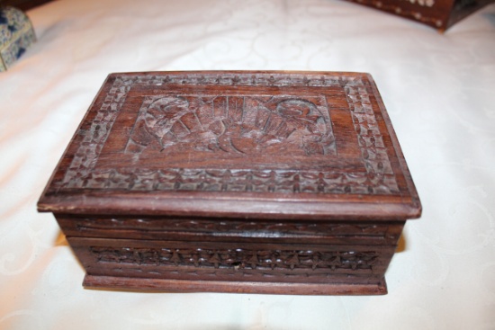 Decorative Engraved Wooden Box With Hinged Lid, 7" L X 5" W X 3" H