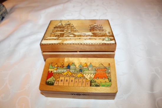 Two Small Decorative Wooden Boxes, Russian, Carved & Painted Lids, One 6" L