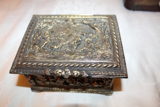 Decorative Metal Box, Embossed, Hinged Lid, Fur Lined, From Poland, 6" L X