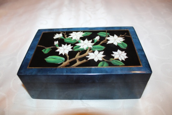Culture Marber Box With Ornate Floral Inlay On Hinged Lid, 6.5" L X 4" W X