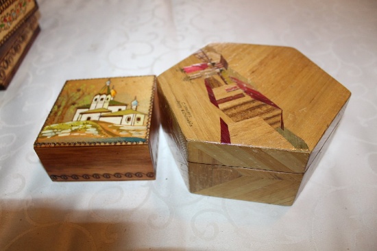 Two Decorative Hand Painted Boxes, One Hexagon Shaped 7" Diameter X 2.75" H