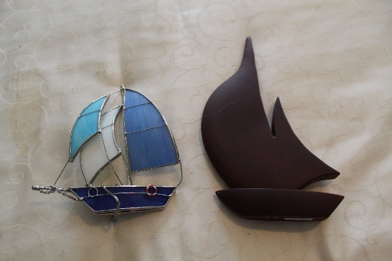 Decorative Metal & Stained Glass Sailboat 7" L X 8" H And One Wooden Decora