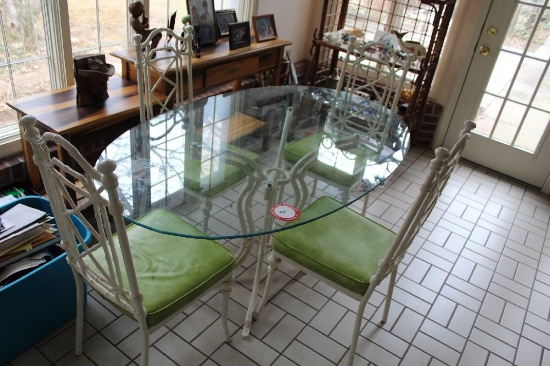 Set Of Outdoor Metal Glass Top Table Oval Shaped & 4 Metal Chairs, Table D