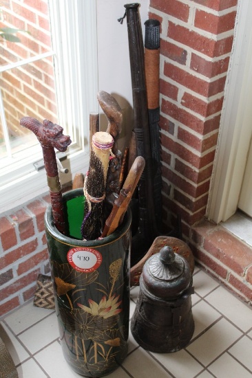 Decorative Enameled Umbrella Holder With Assorted Walking Sticks & Assorted