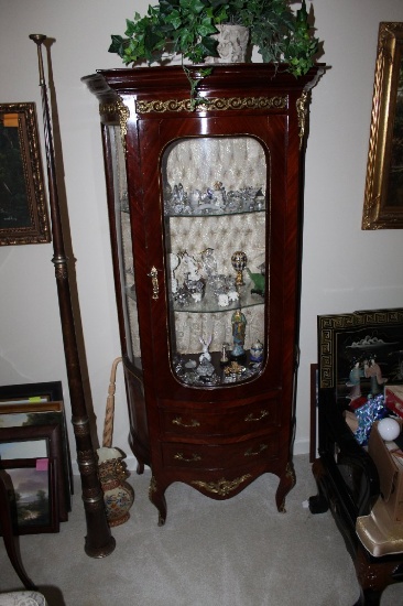 Antique Curio Cabinet With Glass Doors & Shelves & 2 Drawers, 30" W X 68" H