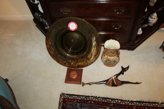 Art Glass Wash Basin, Porcelain Vase, Carved Wooden Ballerina