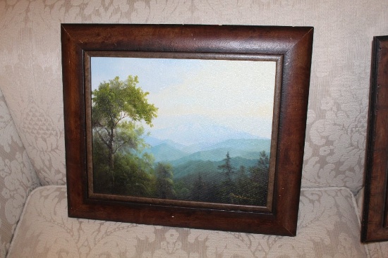Framed Original Painting By Ron Williams On Canvas, Mountain Scene With Tre