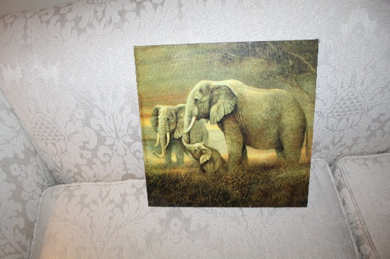 Unframed Giclee Print On Canvas, Elephant Family, 15" X 15" (has Note To Be