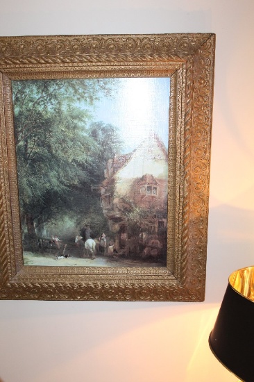 Framed Giclee Print, Unsigned, European Village Scene, 24" X 28"