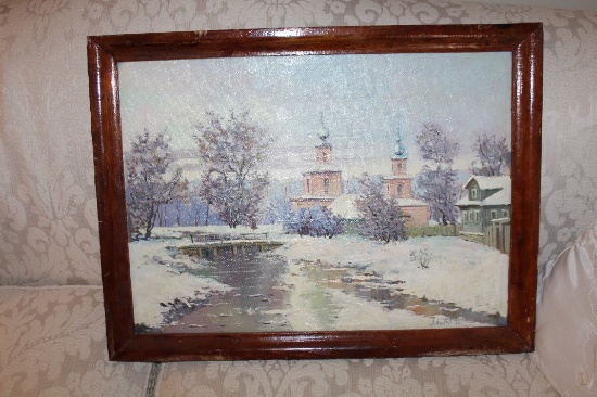 Framed Original Painting From Siberia (1992), Snowy Village Scene, 26" X 19
