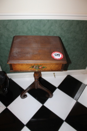 Decorative Single Pedestal Lamp Table, Hand Painted Drawer, Brass Pulls, 17
