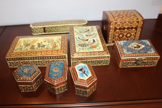 Collection Of 8 Decorative Wooden Boxes, Hand Enameled, Lidded, Presumed Fr