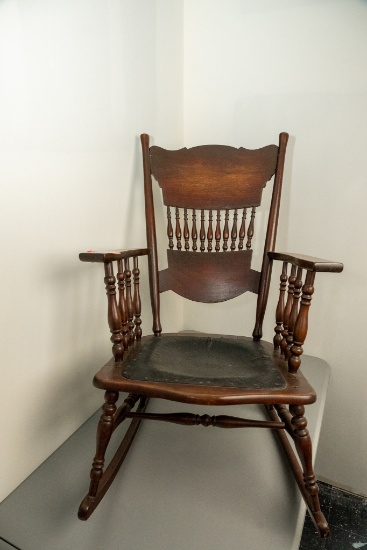 Antique Wooden Rocking Chair, Leather Bottom
