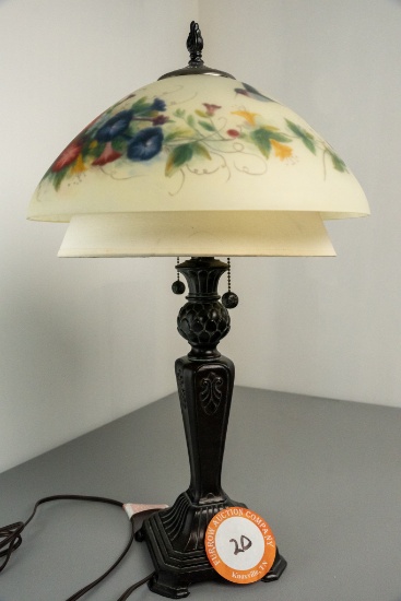 Metal Table Lamp With Glenda Turley Reverse Painted Glass Shade
