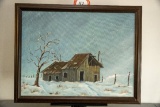Framed Painting On Canvas, Winter Barn Scene, Unsigned, 26.5