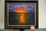 Framed Original Painting, Signed By Tolson, Sunset Over Water Scene, 24.5