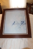 Framed Original James Julie Original Painting, Three Blue Birds On A Branch