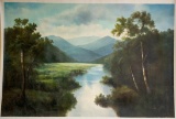 Unframed Ron Williams Original Painting, Wooded Stream With Mountains In Ba