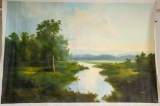 Unframed Ron Williams Original Painting, Stream With Mountains In Backgroun