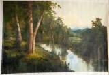 Unframed Ron Williams Original Painting, Trees & Pond With Mountains In Bac