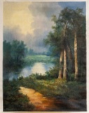 Unframed Ron Williams Original Painting, Country Road With Lake & Mountains
