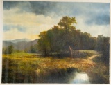 Unframed Ron Williams Original Painting, Pastoral Scene With Fence & Pond,