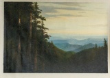 Unframed Ron Williams Original Painting, Mountain Scene With Trees In Foreg