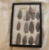 Framed Under Glass Indian Arrowhead Shadow Box, 16 Arrowheads, 12.25
