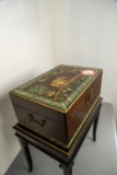 Leather Covered Decorative Wooden Box With Hand Painted Top And Black Lacqu