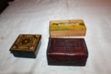 Three Small Decorative Boxes, 2 Hand Painted, One With Leather Cover