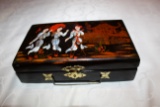 Decorative Oriental Jewelry Box With Brass Hardware & Inlaid Black Enamel,