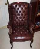Pair Of Bonded Leather Wooden Side Arm Chairs, Wingback