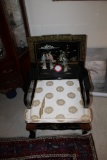 Oriental Motif Black Lacquered Arm Chair With Cushioned Bottom, Ball & Claw