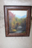 Framed Original Painting By Ron Williams On Canvas, Forest Stream With Moun