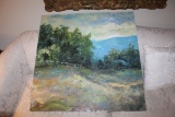 Unframed Original Painting By R. Green, Pastoral Scene With Trees & Mountai