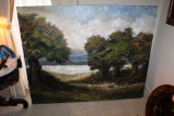Unframed Original Painting By R. Green, River Scene With Trees In Foregroun