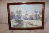 Framed Original Painting From Siberia (1992), Snowy Village Scene, 26