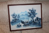 Framed Hand Painted On Board, Asian Village On Water, Artist M. Klom, 26