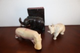 Two Stone Carvings, One Hippo, One Elephant Plus One Wooden Elephant Booken