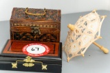 Two Decorative Wooden Boxes, One Black Lacquer With Wooden Inlays