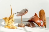4 Wooden Marine Life Figurines (sting Ray, Marlin, Porpoise)