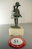 Brass Figurine Girl With Birdcage On Marble Base