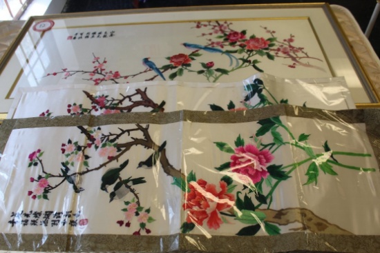 Framed Oriental Style Painting On Silk, 50" X 26", Two Oriental Silks, Unfr