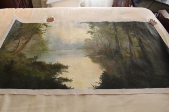 Unframed Ron Williams Original Painting, Wooded Mountain Lake Scene, 27" X